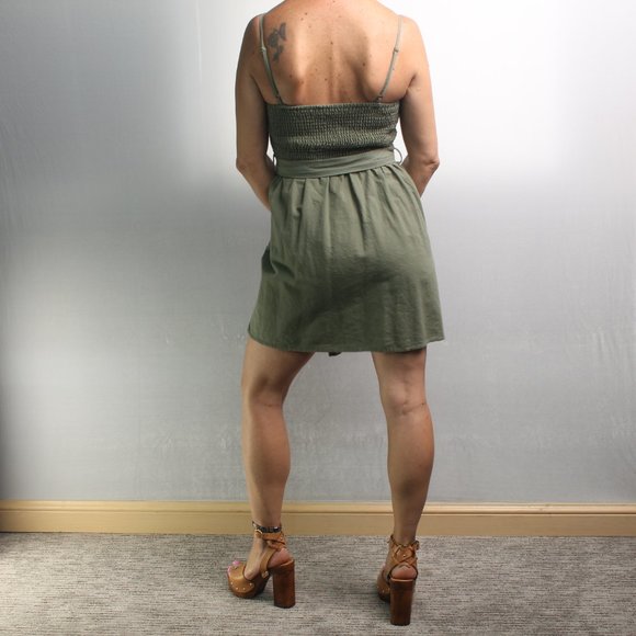 Olive Green Halter Spaghetti Strap Mini Dress with Pockets and Buttons Size S - Picture 6 of 11